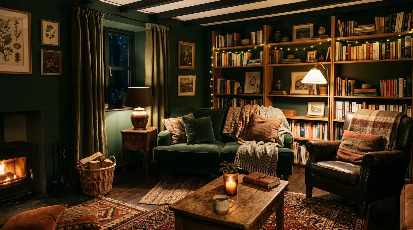 Use bookshelves to deepen the mood inspiration for a moody living room.
